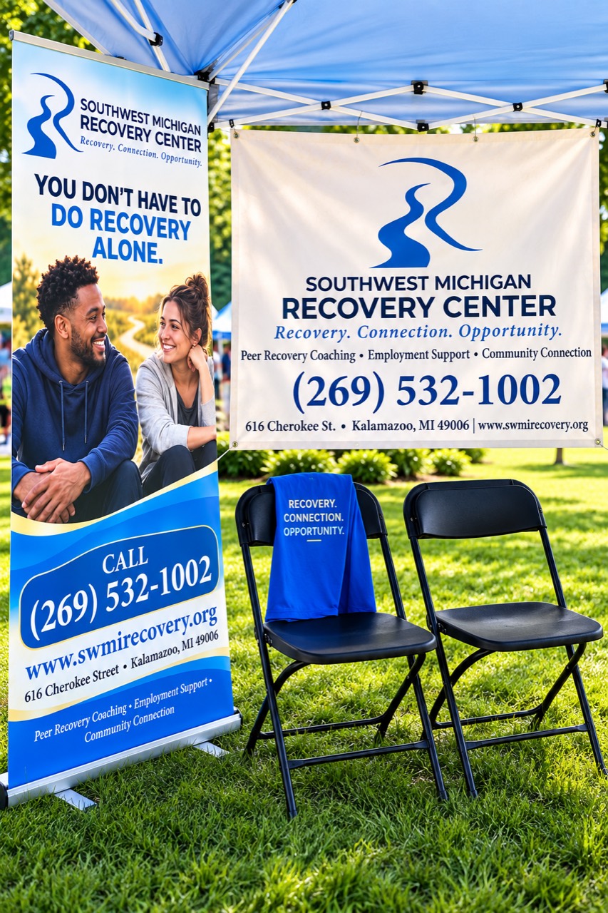 SMRC banners and two chairs beneath a blue outdoor canopy