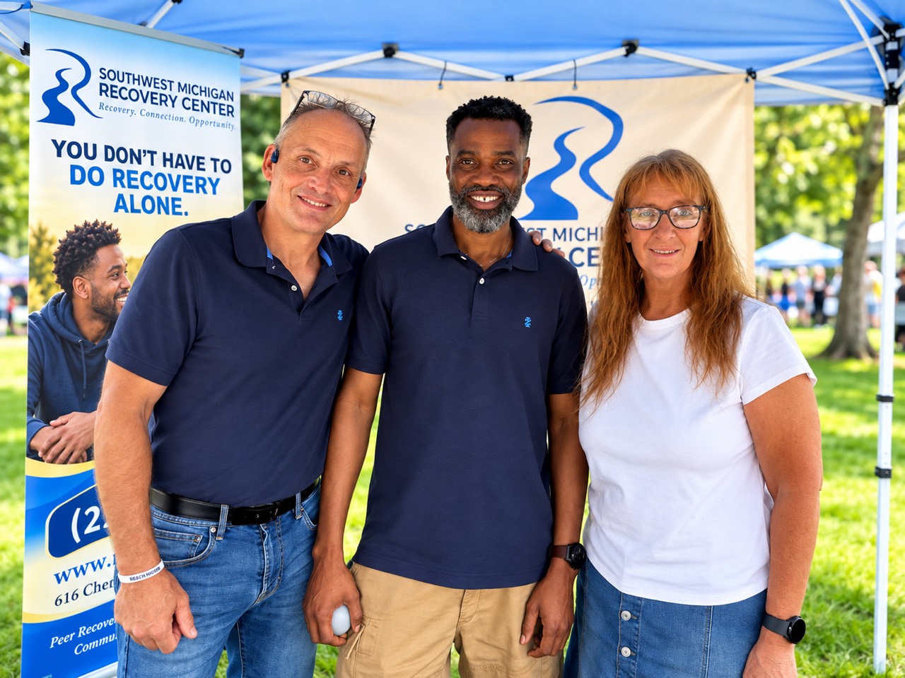 Three people standing together in front of Southwest Michigan Recovery Center banners at an outdoor booth